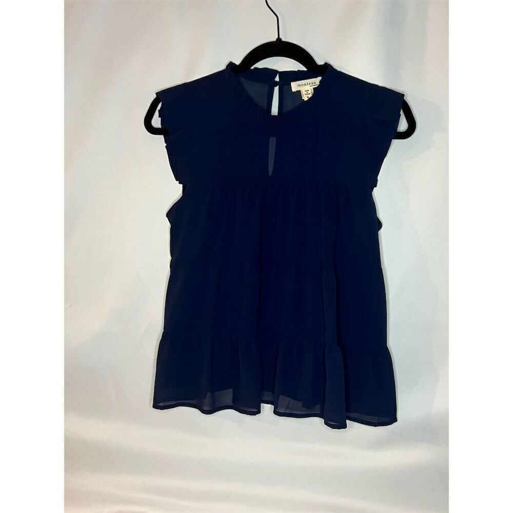 Monteau Los Angeles Women's M Navy Blue Tiered Flutter Sleeve Dress